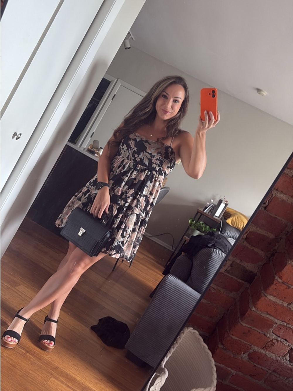 Floral Spaghetti-Strap Black Dress with Pink Floral Print